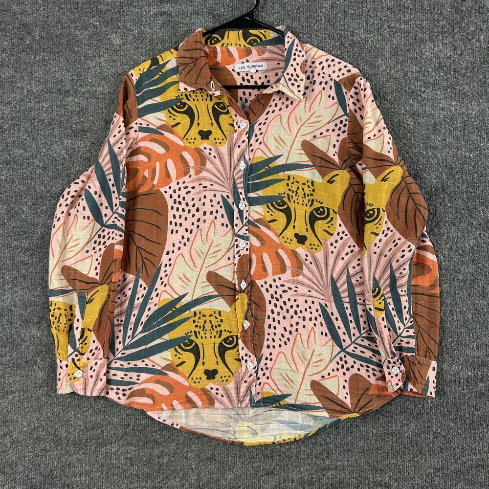 Las Sureñas Shirt Medium Linen Cheetah Jungle Tropical Button Up Pink Boho Artsy